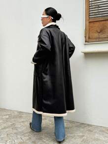 DAZY Abrigo de poliuretano con botones dobles y ribete de contraste, abrigo informal de mujer de invierno con cuello alto, hombros caídos y bolsillos, abrigo de mujer de color negro y bloque de color, ropa de mujer de invierno, chaqueta de mujer de invierno, ropa de mujer de otoño, forro polar