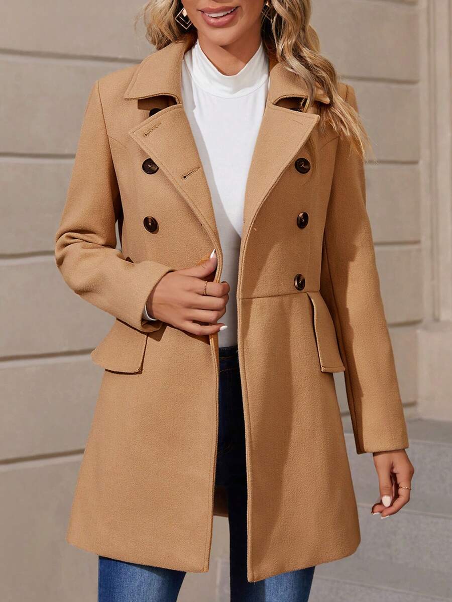 EMERY ROSE Double Breasted Flap Detail Overcoat - Khaki - View 1