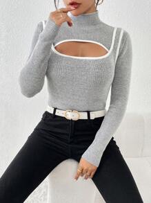 SHEIN Privé 撞色滾邊前鏤空高領套頭毛衣 - 灰色 - 查看 4