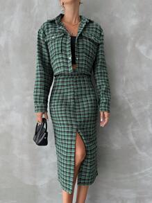 EURMUSE 格紋印花落肩袖夾克&高衩半身裙 - 彩色 - 查看 5