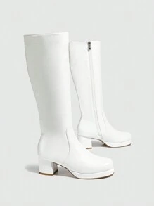 European And American Fashion Square Toe Side Zipper Waterproof Platform Chunky Heel Knee-High Boots For WomenIdeal With Fall Clothes
