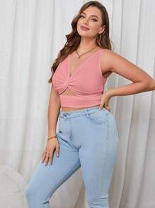 SHEIN Privé 大碼前扭結鏤空短款上衣 - 粉色 - 查看 4