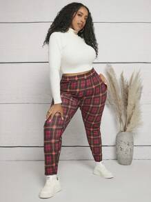 SHEIN CURVE+ Plus Plaid Print Leggings - Red - View 3