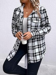 SHEIN LUNE Plus Plaid Print Zip Up Drawstring Hooded Coat - Black and White - View 3