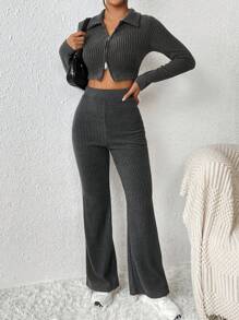 SHEIN PETITE Đồ đan Ribbed Áo phông Crop & Quần ống loe - Màu xám đen - Xem 6