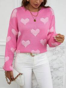 SHEIN Qutie Heart Pattern Drop Shoulder Sweater - Pink - View 1