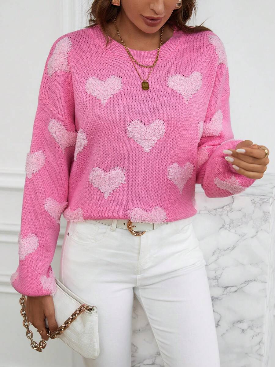 SHEIN Qutie Heart Pattern Drop Shoulder Sweater - Pink - View 1