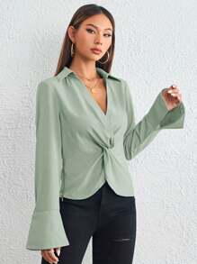 SHEIN Privé Blusa girante delantero de manga con volante - Verde - Ver 3