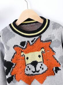 Young Boy Cartoon Pattern Striped Trim Sweater - Multicolor - View 3