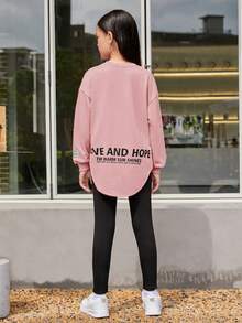 SHEIN 女大童標語圖案落肩袖弧形下擺套頭衫&緊身打底褲 - 淺粉色 - 查看 4