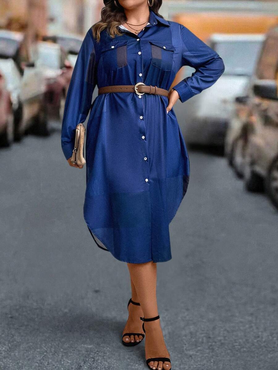 SHEIN LUNE 大碼翻蓋口袋弧形下擺襯衫洋裝不附腰帶 - 藍色 - 查看 1