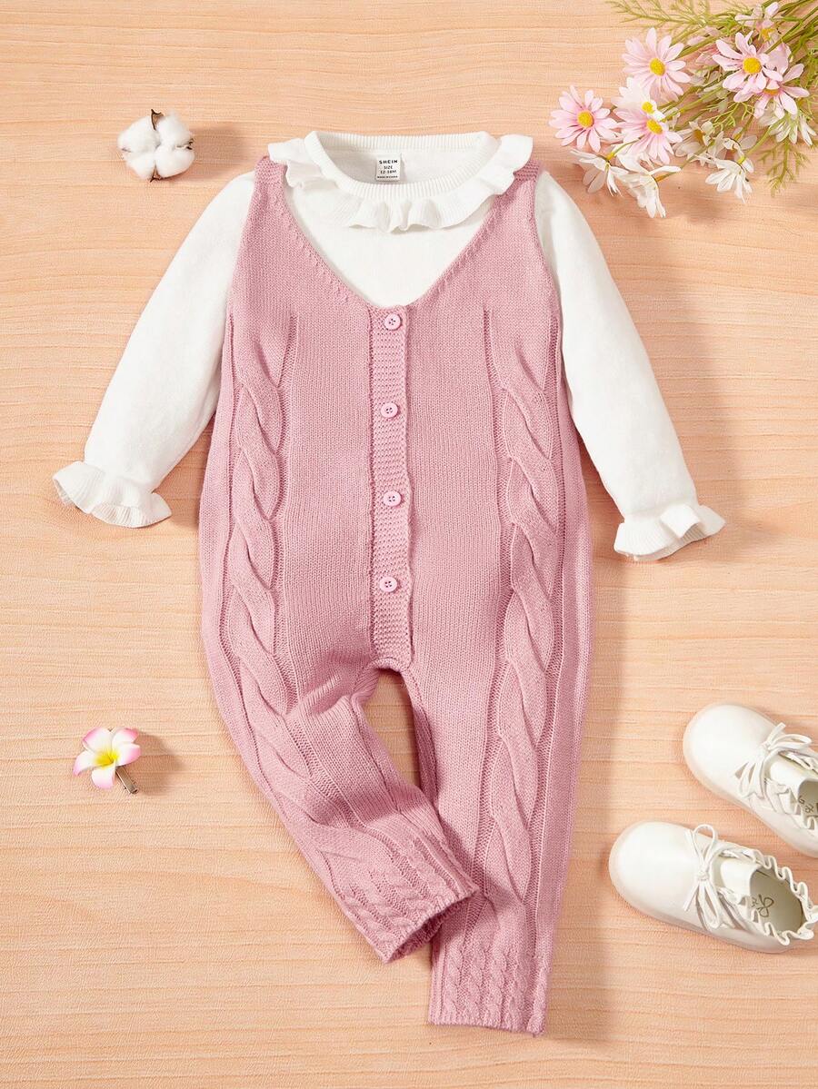 女嬰荷葉邊荷葉袖套頭毛衣&針織連身褲 - 粉色 - 查看 1