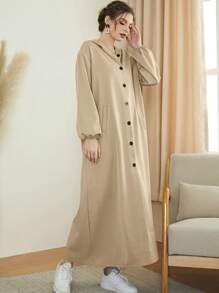 Mulvari Solid Bishop Sleeve Hooded Abaya - Apricot - View 3