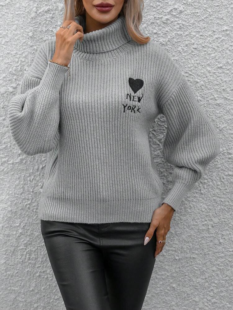 Letter & Heart Embroidery Turtleneck Drop Shoulder Knit Pullover Fall Winter Sweater
