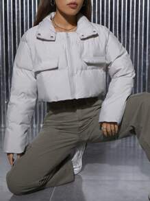 SHEIN PETITE 翻盖口袋落肩衬垫大衣 - 白色 - 查看 4