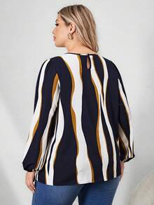 SHEIN Clasi Talla grande Blusa de color combinado de manga farol - Azul y blanco - Ver 2