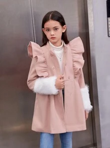 SHEIN 女大童毛茸茸袖口荷葉邊雙排釦花呢外套 - 藕粉色 - 查看 3