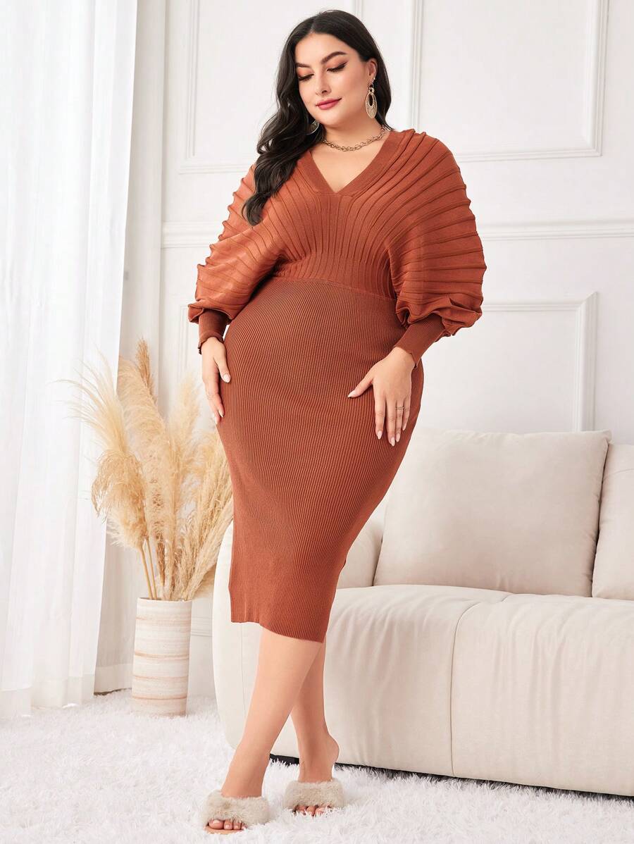 Modelyn Talla grande Vestido de punto ajustado unicolor de manga murciélago tejido de canalé - Óxido marrón - Ver 1