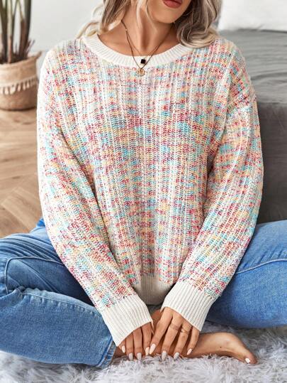 Calvaya Plus Space Dye Drop Shoulder Sweater, For Winter Knit Pullover Fall Outfit