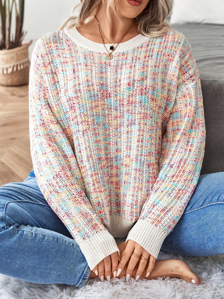 Plus Space Dye Drop Shoulder Sweater, For Winter Knit Pullover Fall Sweater