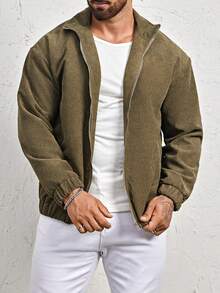 Manfinity Homme Men's Loose Fit Corduroy Zip Up Jacket - Army Green - View 8