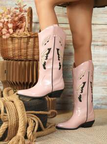 Styleloop Butterfly & Flower 3d Inlay Pink European Style Western Boots, 2024 Spring & Autumn New Arrival Fashionable PU Leather Boots, Cowboy Boots For Women - Pink - View 4
