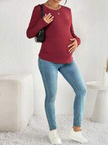 SHEIN Maternity Solid Ribbed Knit Tee - Red - View 4