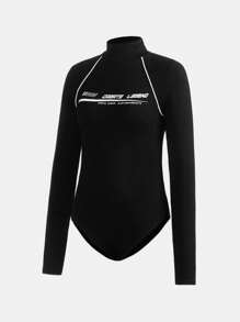 SHEIN Girlism Teen Girl Letter Graphic Contrast Piping Bodysuit - Black - View 5