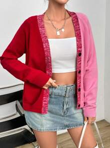 SHEIN Essnce 雙色插肩袖前紐扣開襟衫 - 彩色 - 查看 4