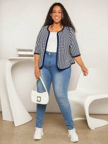 SHEIN CURVE+ Plus Houndstooth Print Contrast Binding Jacket - Navy Blue - View 3