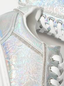 SheIn SXY 女性時尚發亮的繫帶戶外運動休閒運動鞋 - 銀色 - 查看 5