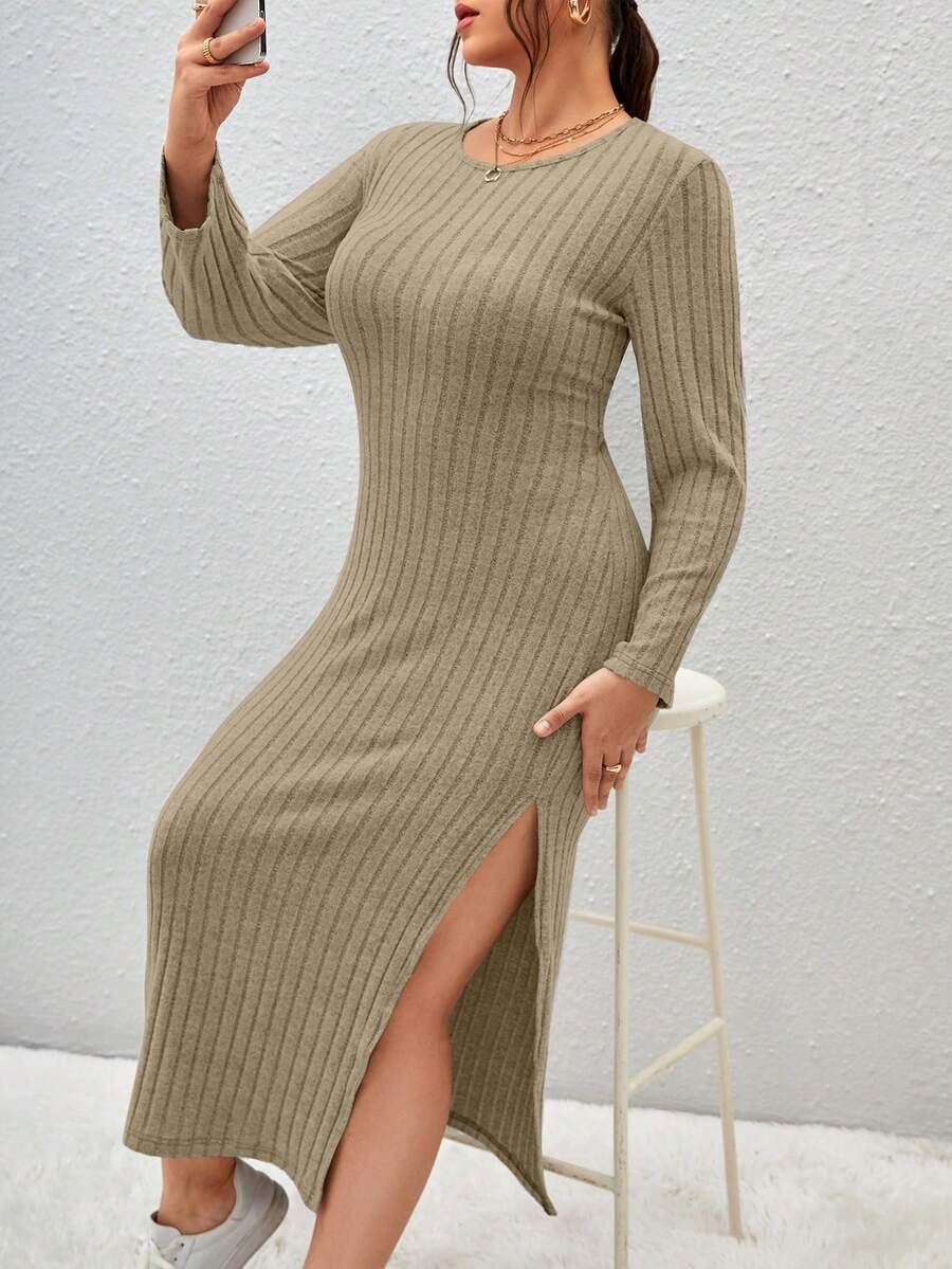 SHEIN Essnce Hơn Đồ đan Ribbed Tách đùi Đầm - Màu Khaki - Xem 1