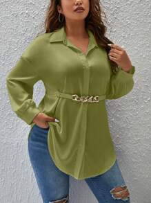 SHEIN Privé Plus Drop Shoulder Metal Linked Waist Curved Hem Blouse - Green - View 5