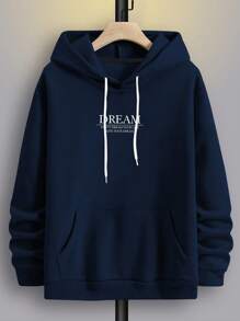 Manfinity Roghcode Loose Fit Men's Slogan Graphic Drawstring Hoodie, For Fall, Long Sleeve Top - Navy Blue - View 2