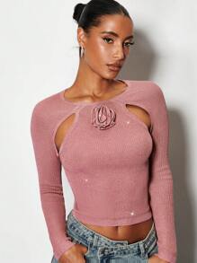 SHEIN BAE 貼花細節前鏤空短款毛衣 - 藕粉色 - 查看 1