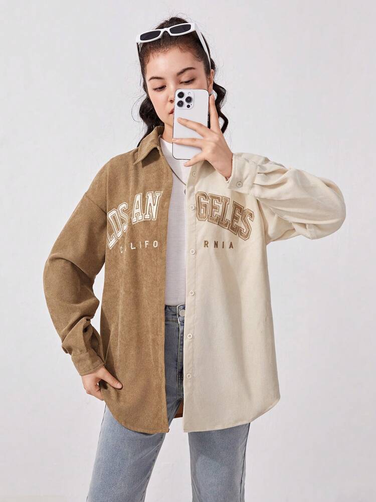 Teen Girl Letter Graphic Two Tone Drop Shoulder Corduroy Shirt