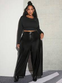 SHEIN CURVE+ Plus High Waist PU Leather Wide Leg Pants - Black - View 3