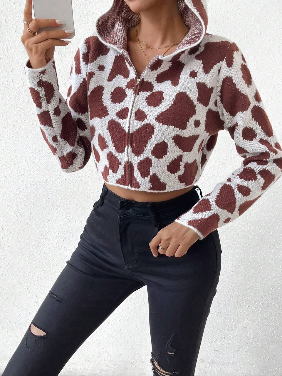 Cow Pattern Zip Up Crop Cardigan