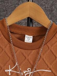 SHEIN Young Boy Letter Graphic Sweatshirt & Sweatpants - Coffee Brown - View 3