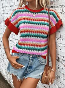 SHEIN LUNE Colorblock Contrast Binding Batwing Sleeve Pointelle Knit Top - Red - View 5