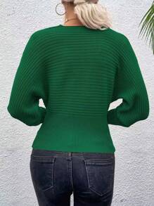 SHEIN Essnce Ren tương phản Vai lạnh Tay áo dơi Cổ áo Chồng chéo Áo len - màu xanh lá - Xem 4