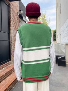 Manfinity Hypemode 男士1入組卡通刺繡條紋飾邊V領毛衣背心不帶T恤 - 綠色 - 查看 2