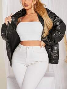 SHEIN SXY 冬季拉链连帽棉服大衣 - 黑色 - 查看 5