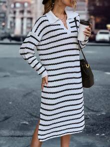 SHEIN LUNE Striped Pattern Drop Shoulder Split Hem Sweater Dress - Black and White - View 3
