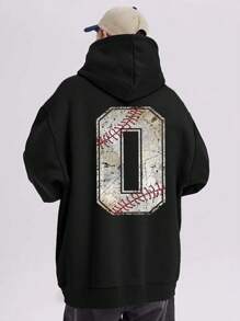 Manfinity RebelGame 男士大码字母圖案落肩袖連帽衫 - 黑色 - 查看 1