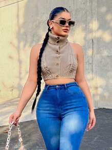 SHEIN SXY Turtleneck Button Front Cable Knit Top - Apricot - View 1