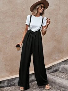 SHEIN LUNE Solid Wide Leg Suspender Jumpsuit Without Tee - Black - View 1