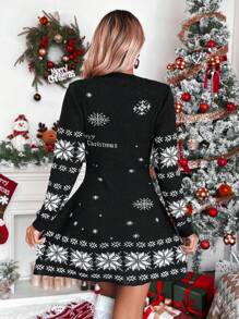 SHEIN LUNE Christmas Snowflake Pattern Sweater Dress - Black and White - View 2