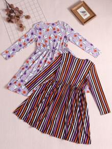 SHEIN 女大童2入組條紋圖案&印花洋裝 - 彩色 - 查看 2