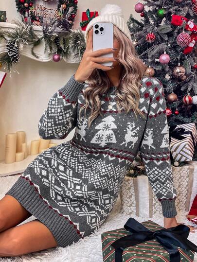 SHEIN LUNE Christmas Heart & Deer Pattern Knitted Casual Sweater Dress For Women, Autumn/Winter